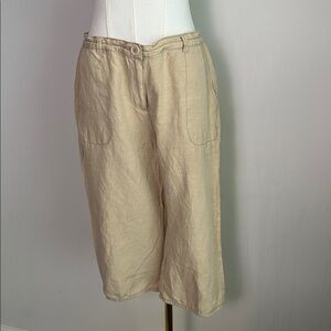Womens L Neutral Beige Silk Linen Blend Lightweight Capri Pants Safari Chic